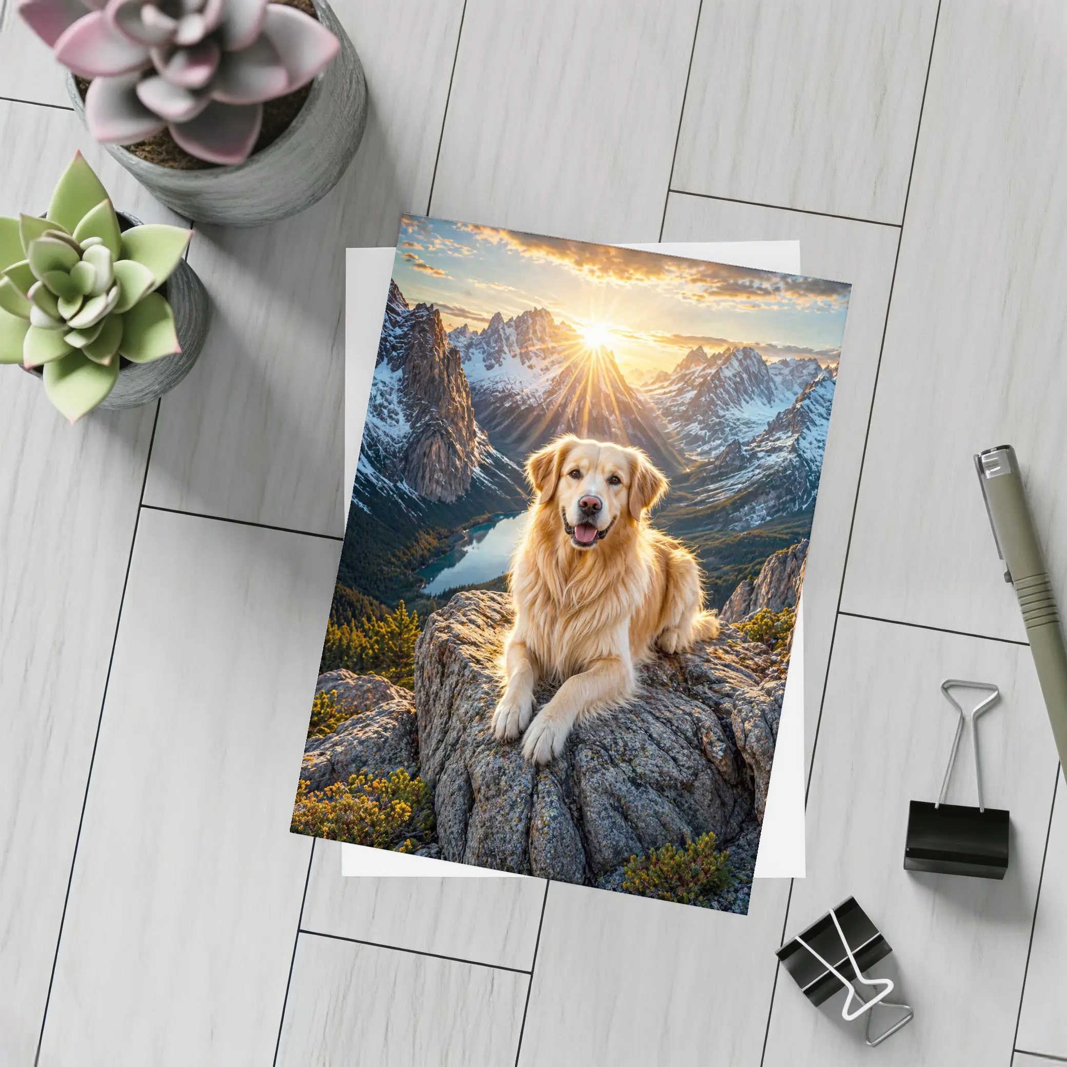 Golden Retriever Resting on Mountain Summit Sunset – Postcards