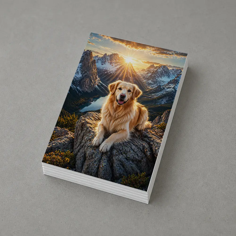 Golden Retriever Resting on Mountain Summit Sunset – Postcards