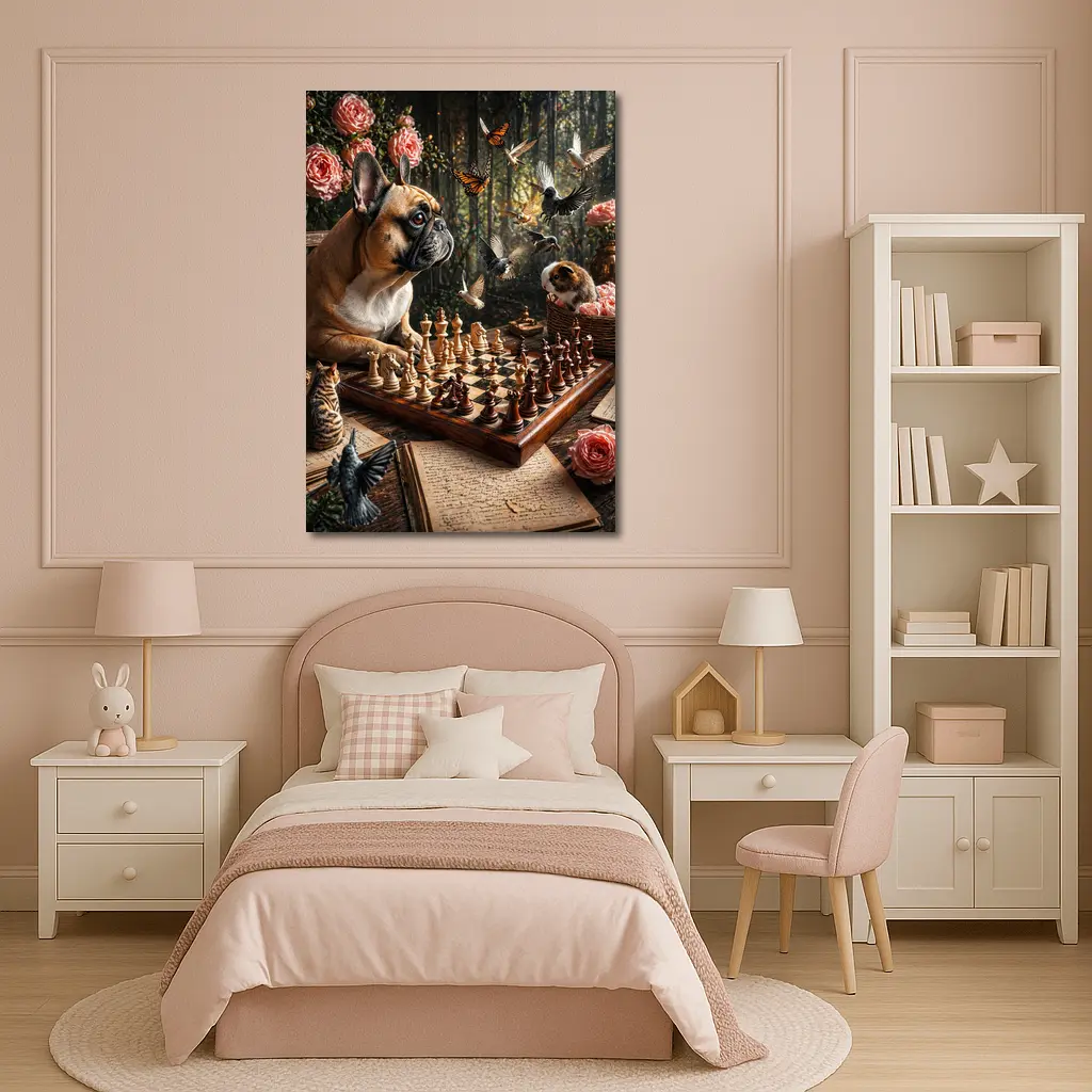 French Bulldog Playing Chess With Garden Birds – Wall Art
