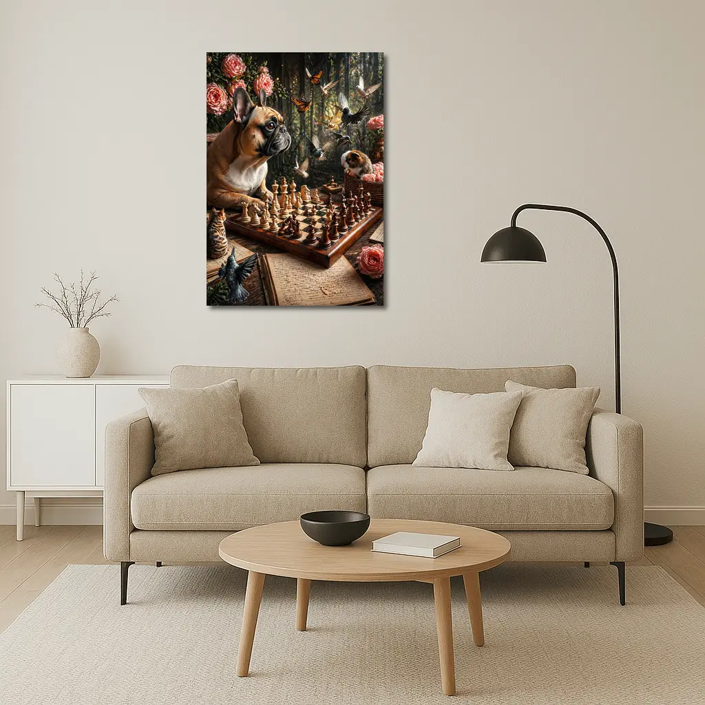 French Bulldog Playing Chess With Garden Birds – Wall Art