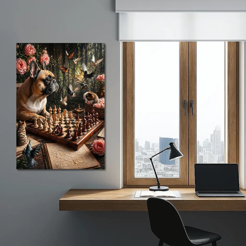 French Bulldog Playing Chess With Garden Birds – Wall Art