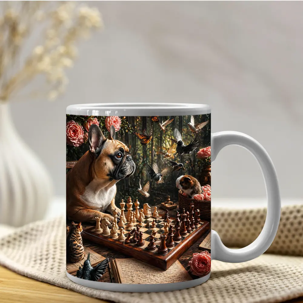 French Bulldog Playing Chess With Garden Birds – Mugs