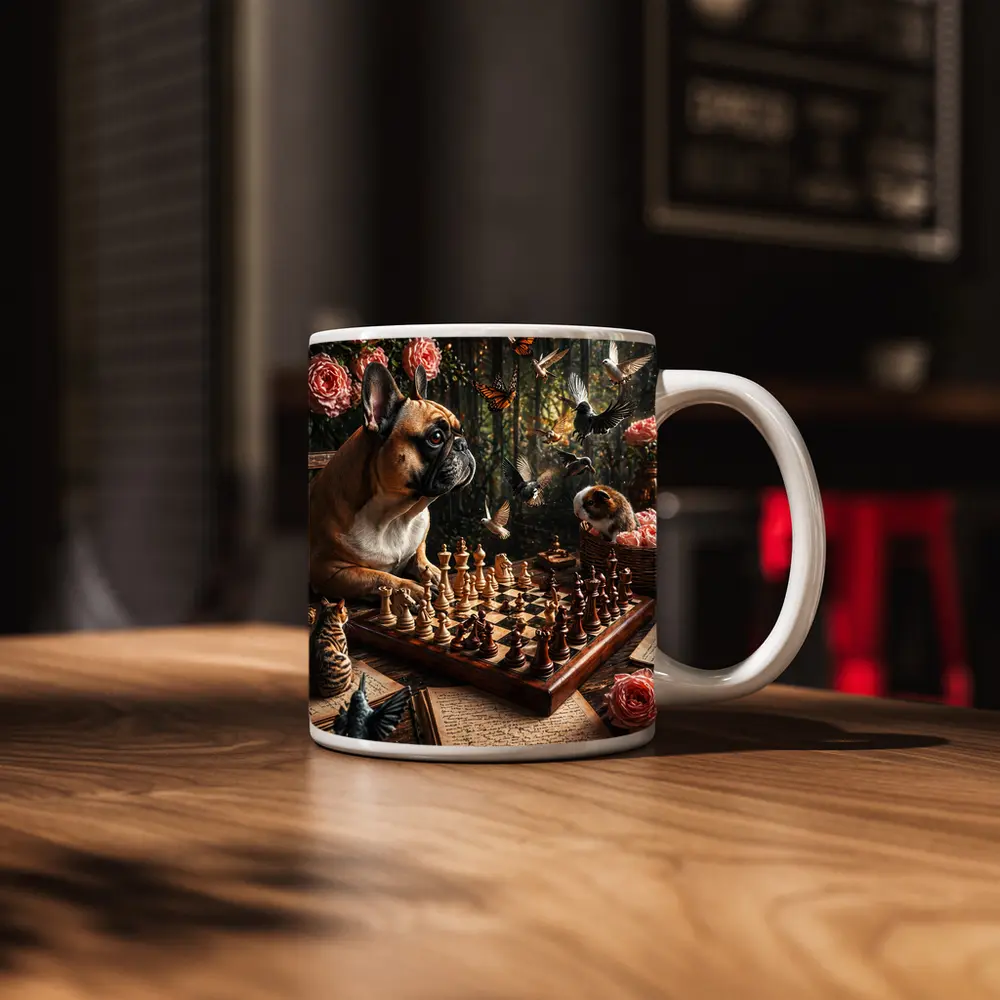 French Bulldog Playing Chess With Garden Birds – Mugs