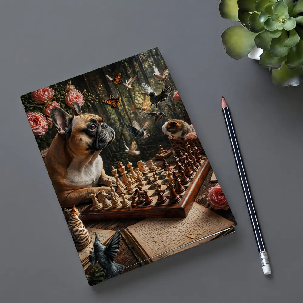 French Bulldog Playing Chess With Garden Birds – Notebooks