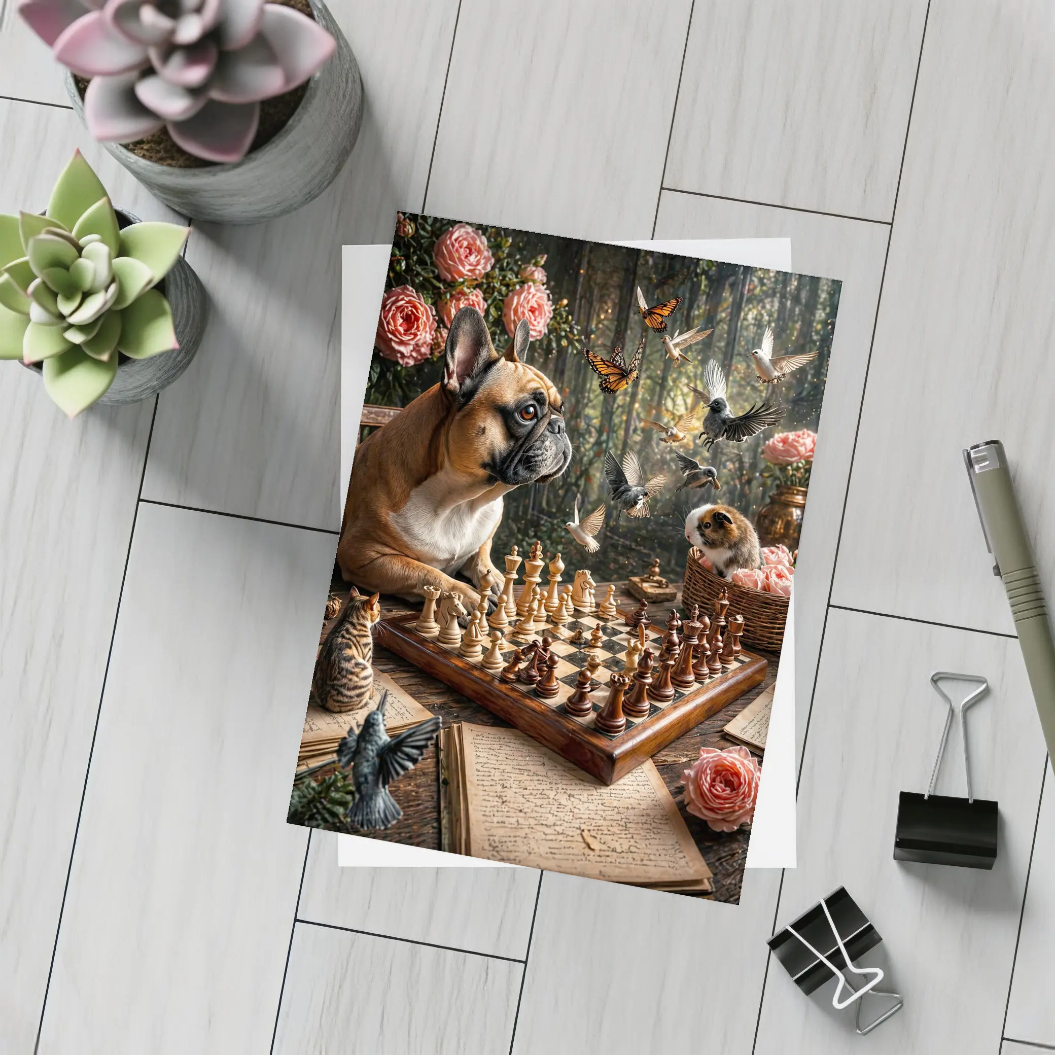 French Bulldog Playing Chess With Garden Birds – Postcards