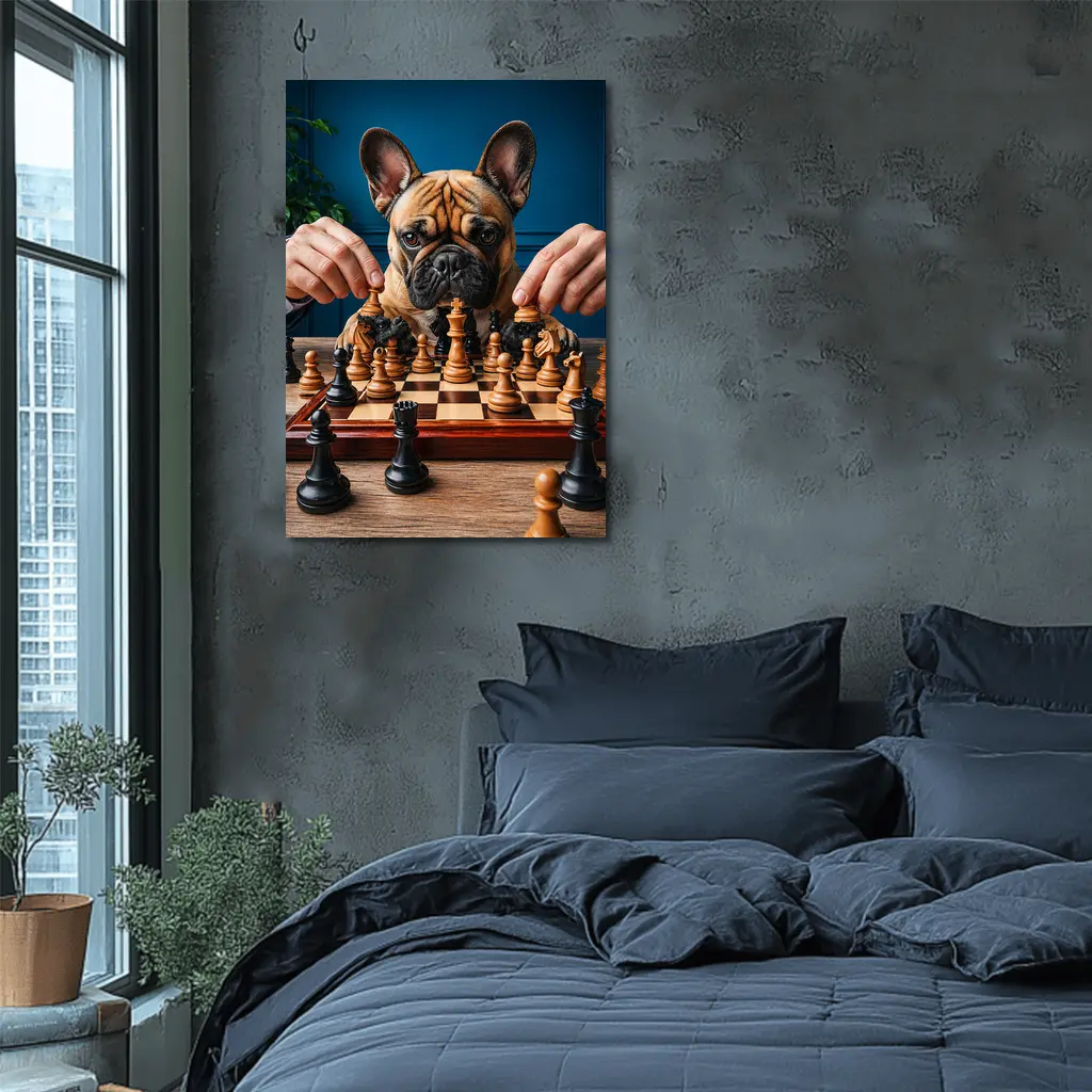 French Bulldog Playing Chess Blue Background – Wall Art