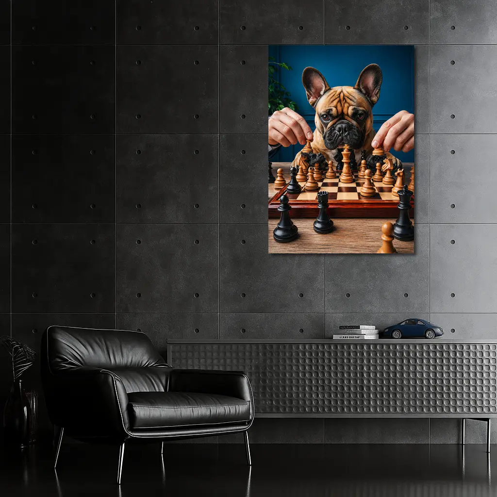 French Bulldog Playing Chess Blue Background – Wall Art