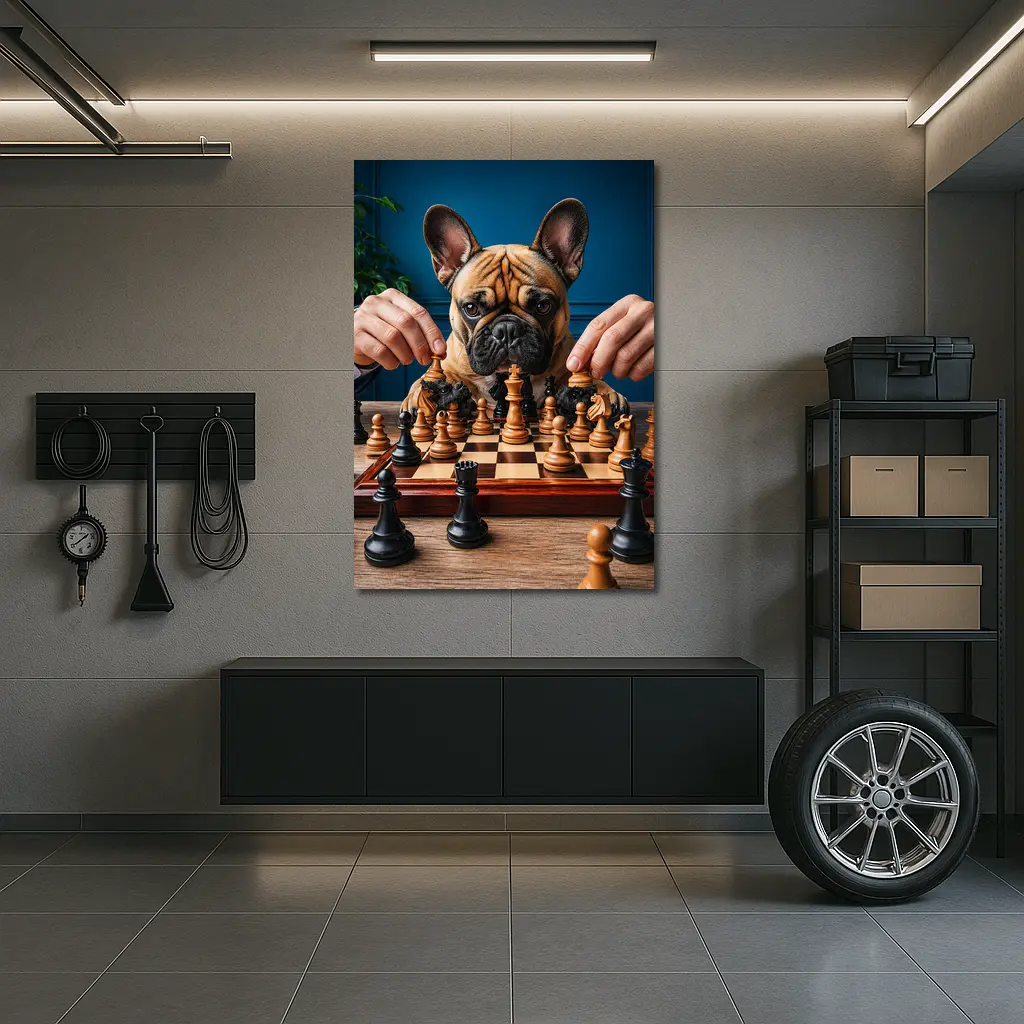 French Bulldog Playing Chess Blue Background – Wall Art
