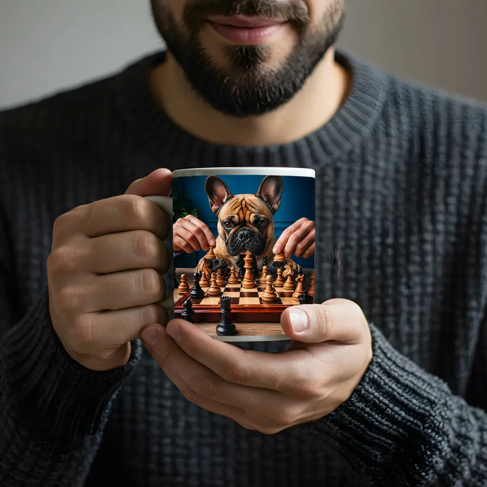 French Bulldog Playing Chess Blue Background – Mugs