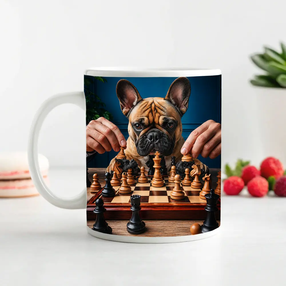 French Bulldog Playing Chess Blue Background – Mugs