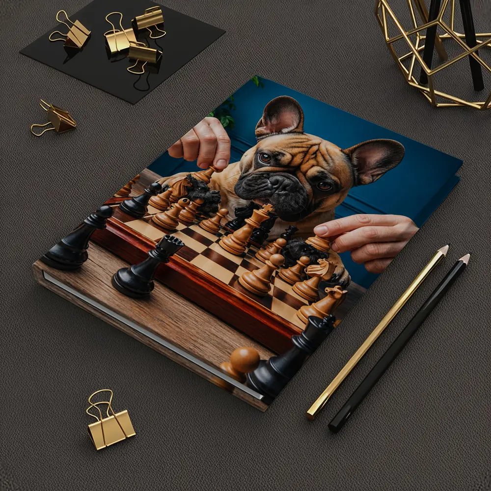 French Bulldog Playing Chess Blue Background – Notebooks