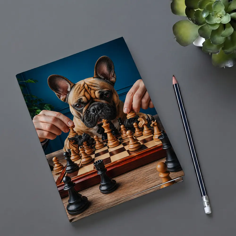 French Bulldog Playing Chess Blue Background – Notebooks