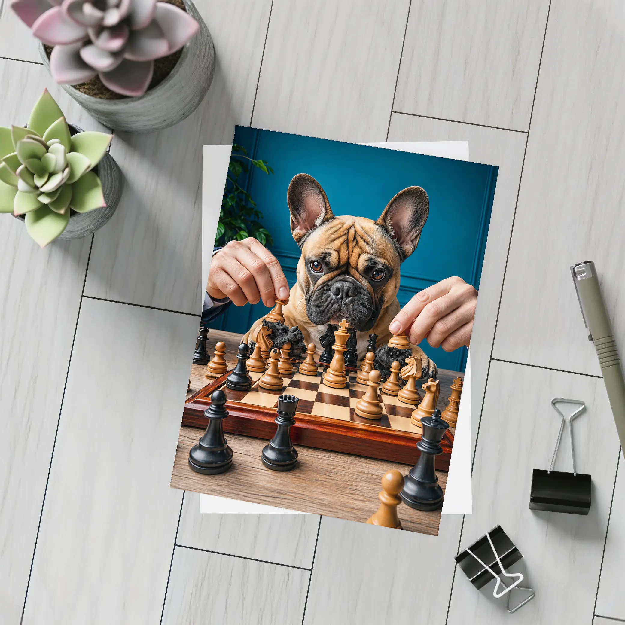 French Bulldog Playing Chess Blue Background – Postcards