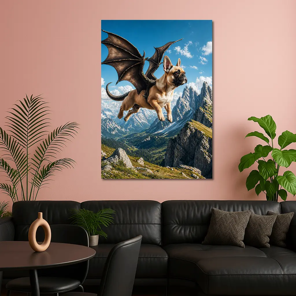 French Bulldog Dragon Wings Flying Mountain Peaks – Wall Art