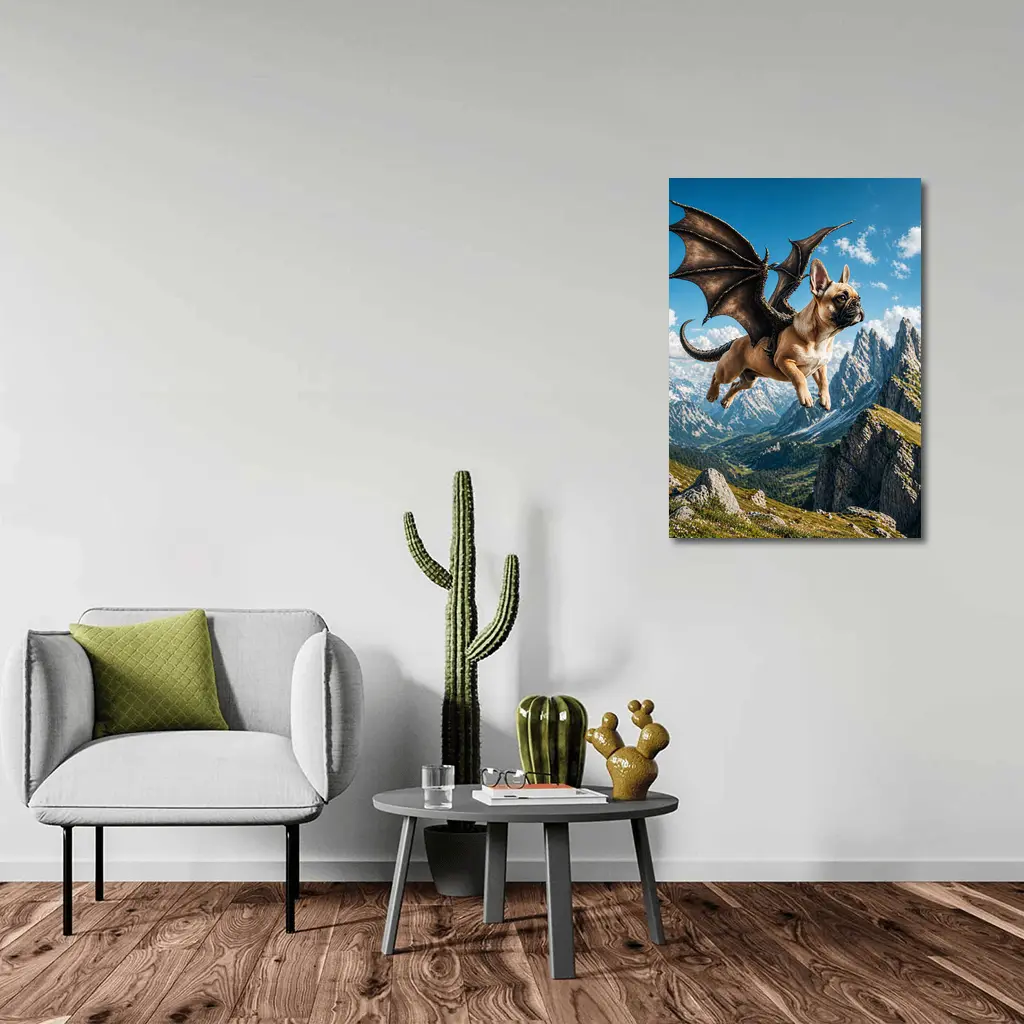 French Bulldog Dragon Wings Flying Mountain Peaks – Wall Art