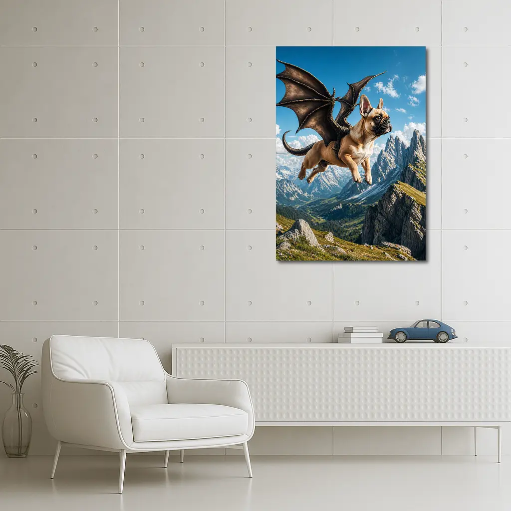 French Bulldog Dragon Wings Flying Mountain Peaks – Wall Art