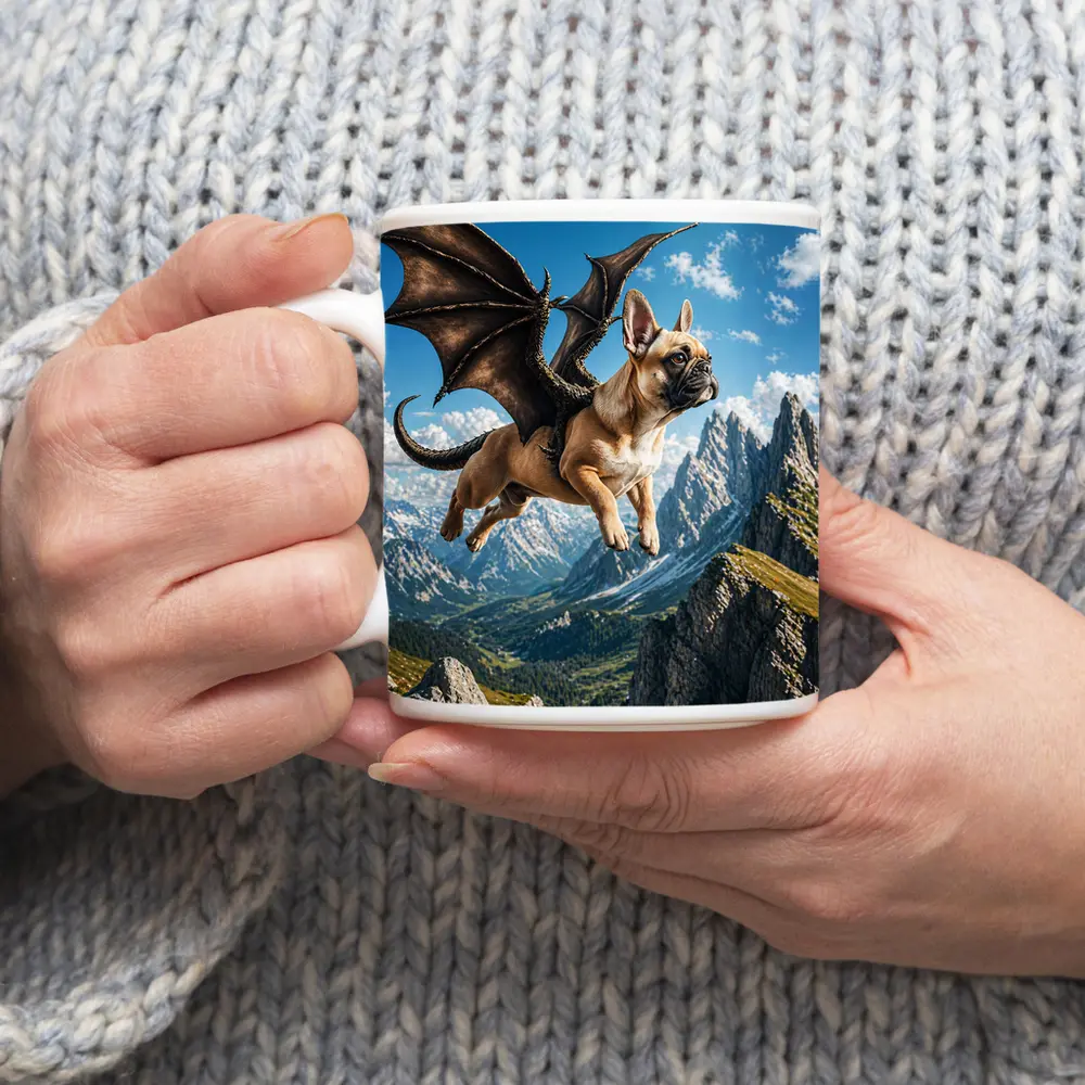 French Bulldog Dragon Wings Flying Mountain Peaks – Mugs
