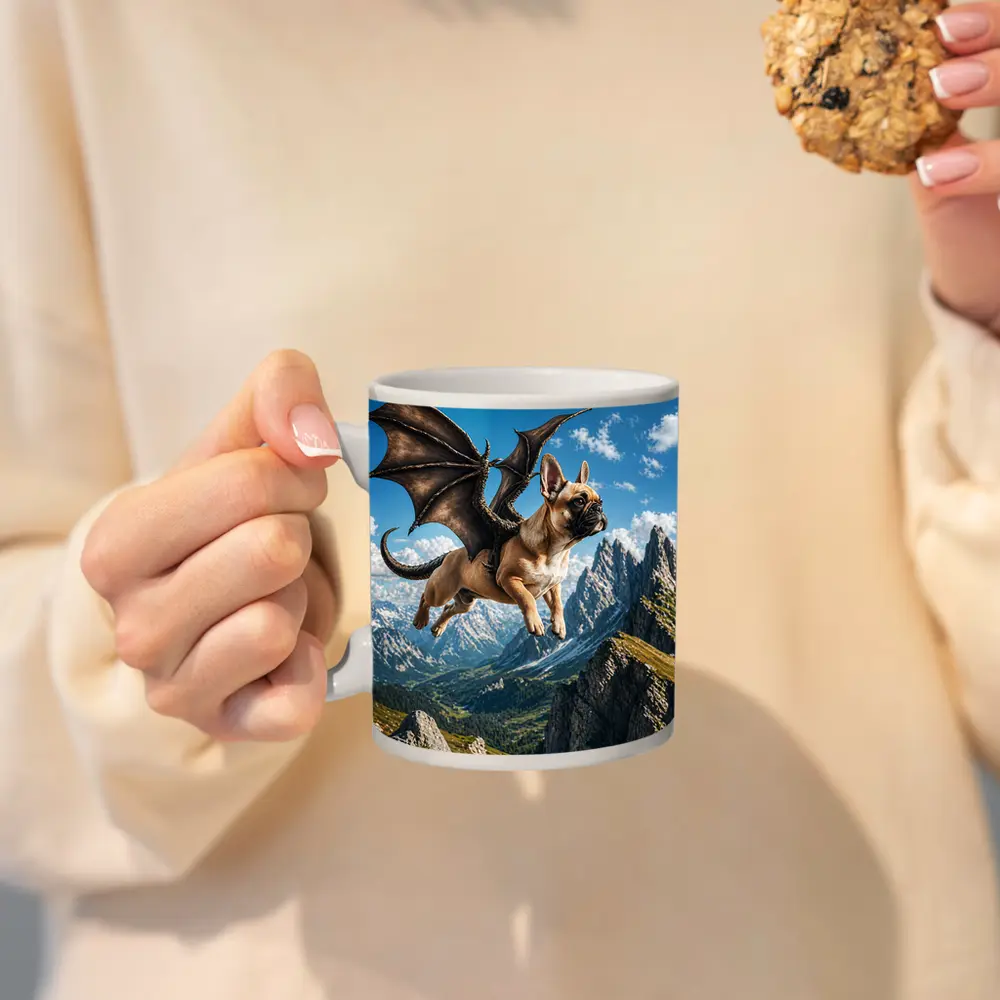 French Bulldog Dragon Wings Flying Mountain Peaks – Mugs
