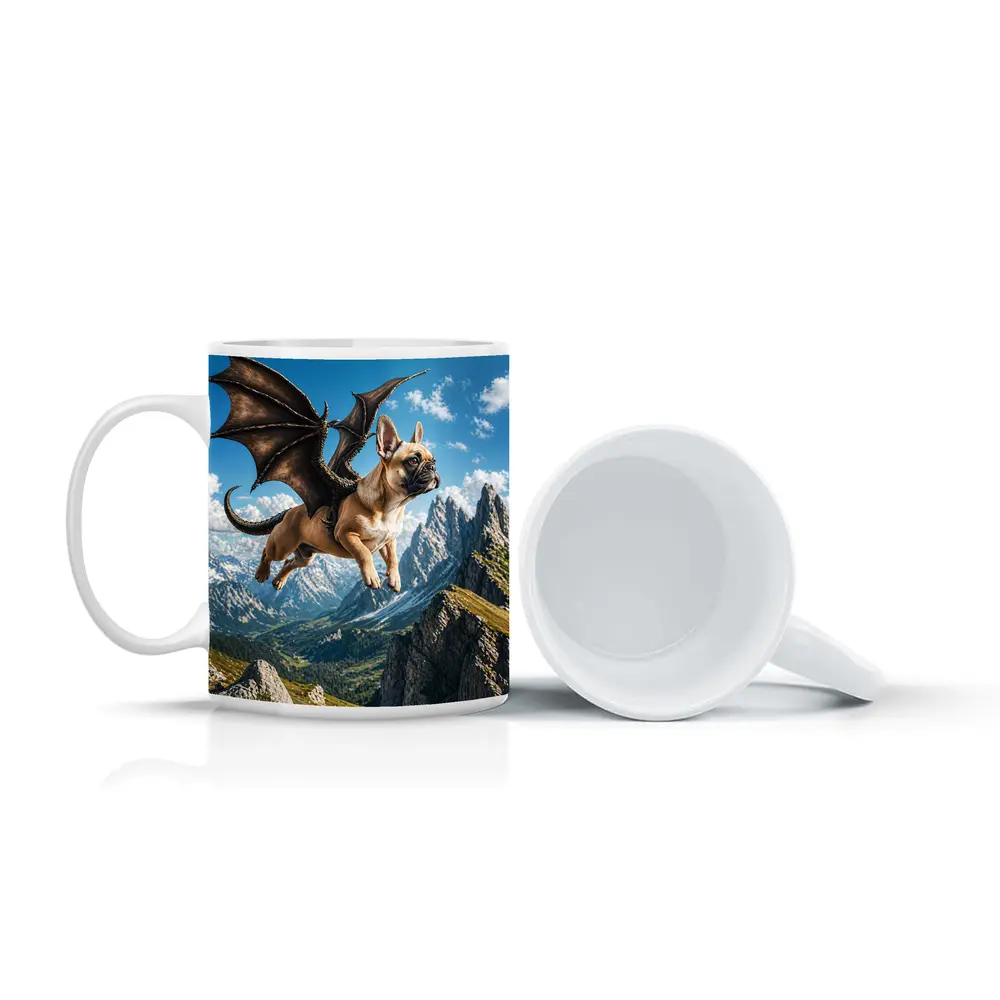 French Bulldog Dragon Wings Flying Mountain Peaks – Mugs