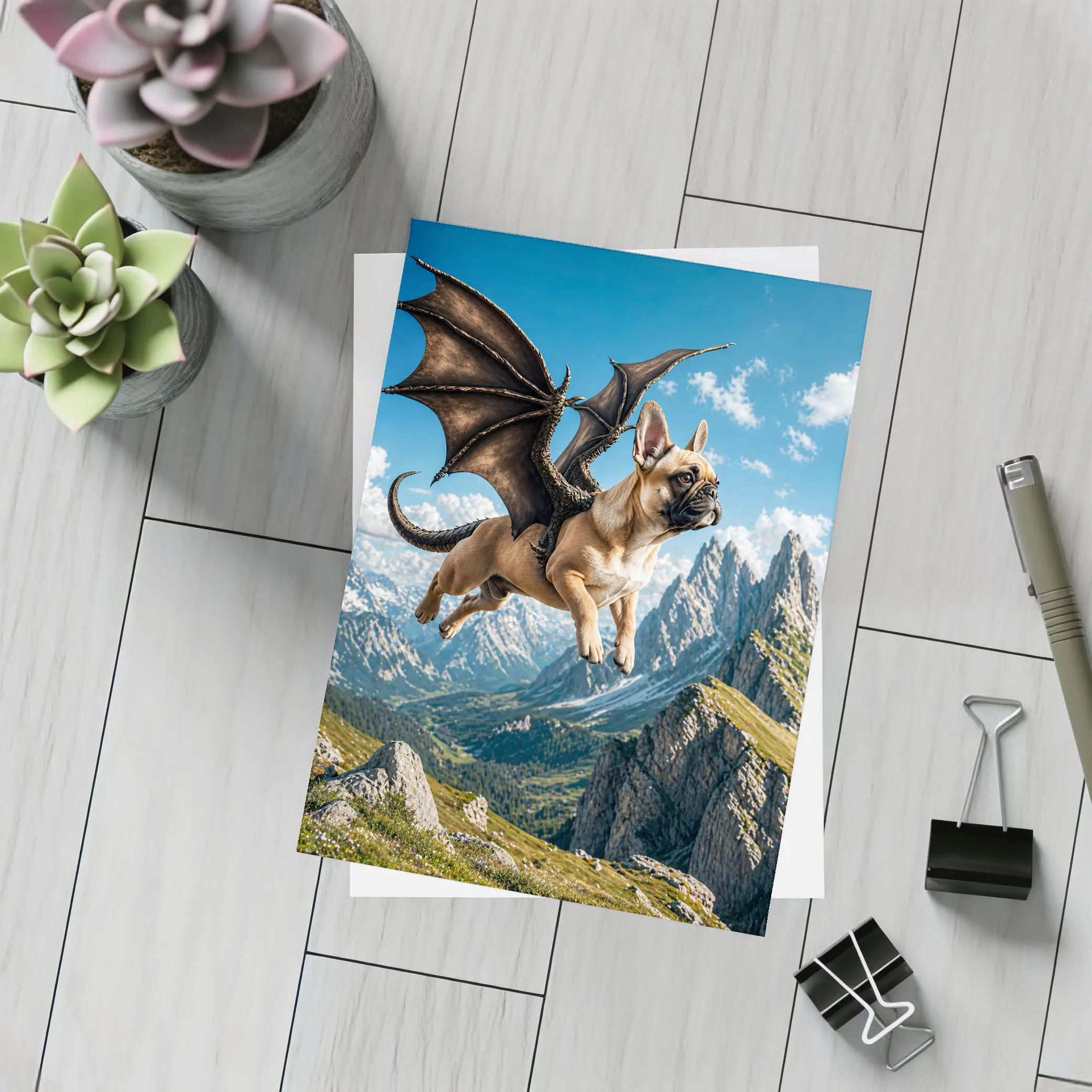 French Bulldog Dragon Wings Flying Mountain Peaks – Postcards