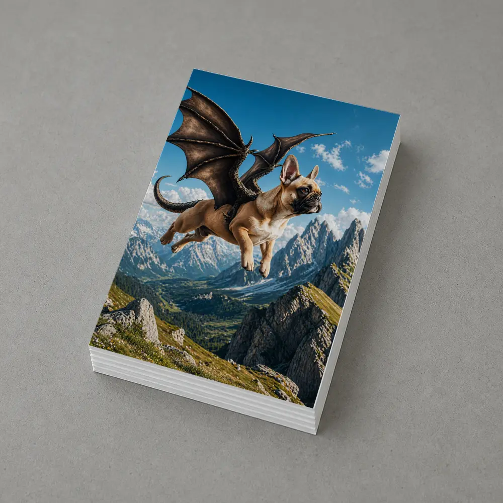 French Bulldog Dragon Wings Flying Mountain Peaks – Postcards