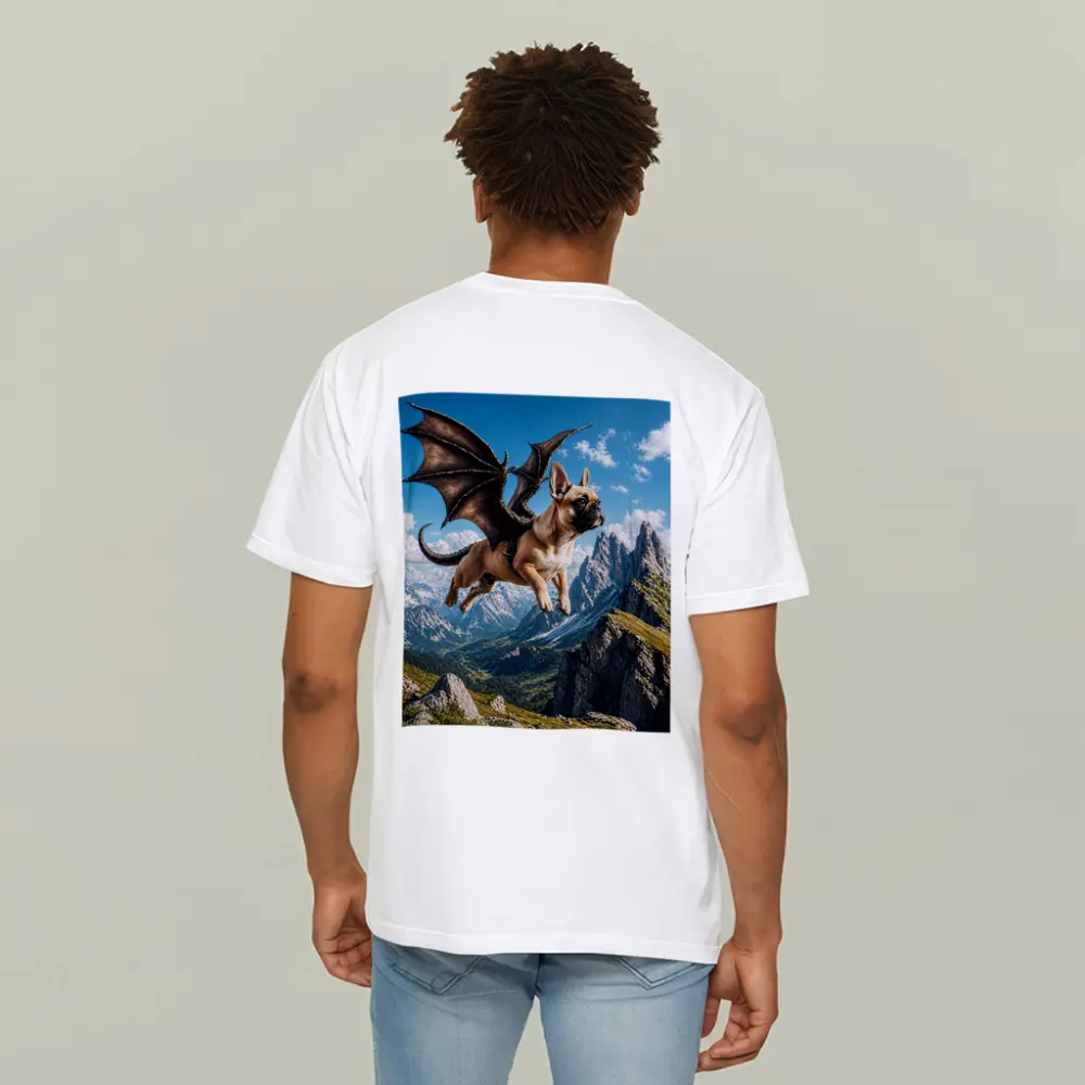 French Bulldog Dragon Wings Flying Mountain Peaks – T-Shirts
