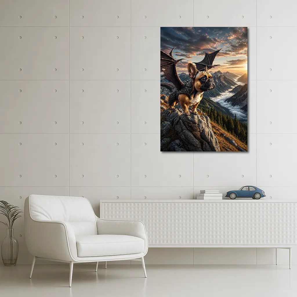 French Bulldog Dragon Wings Mountain Sunset Fantasy – Wall Art