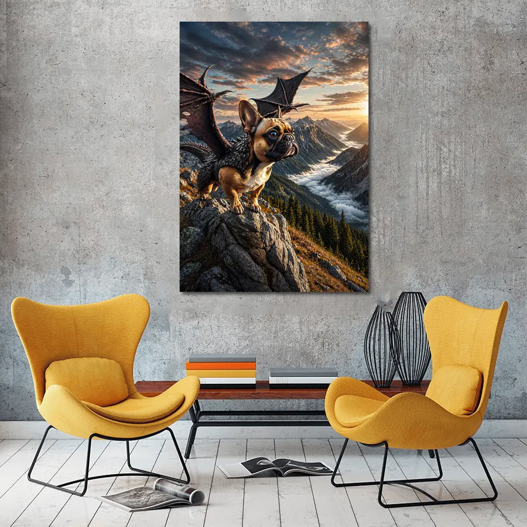 French Bulldog Dragon Wings Mountain Sunset Fantasy – Wall Art