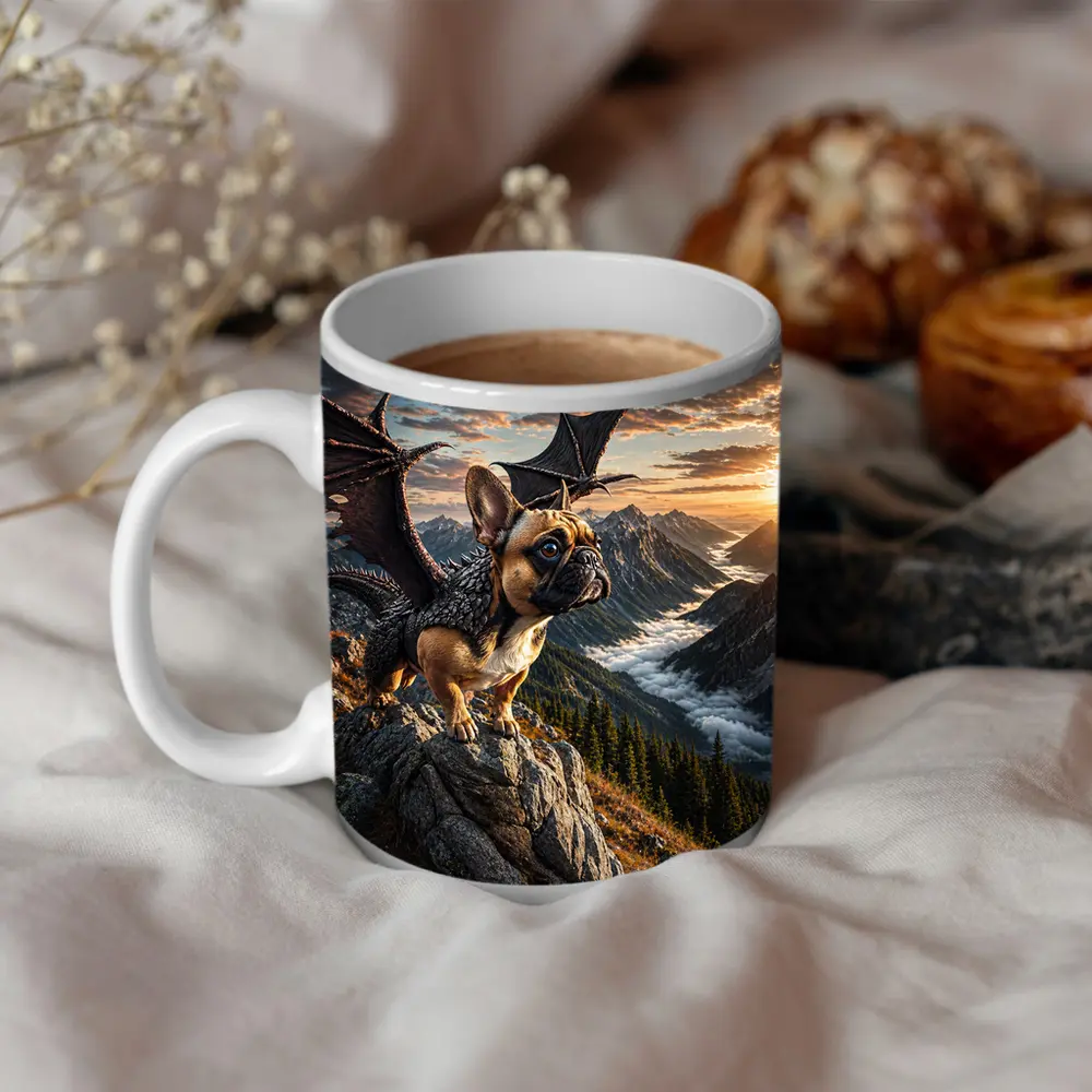 French Bulldog Dragon Wings Mountain Sunset Fantasy – Mugs