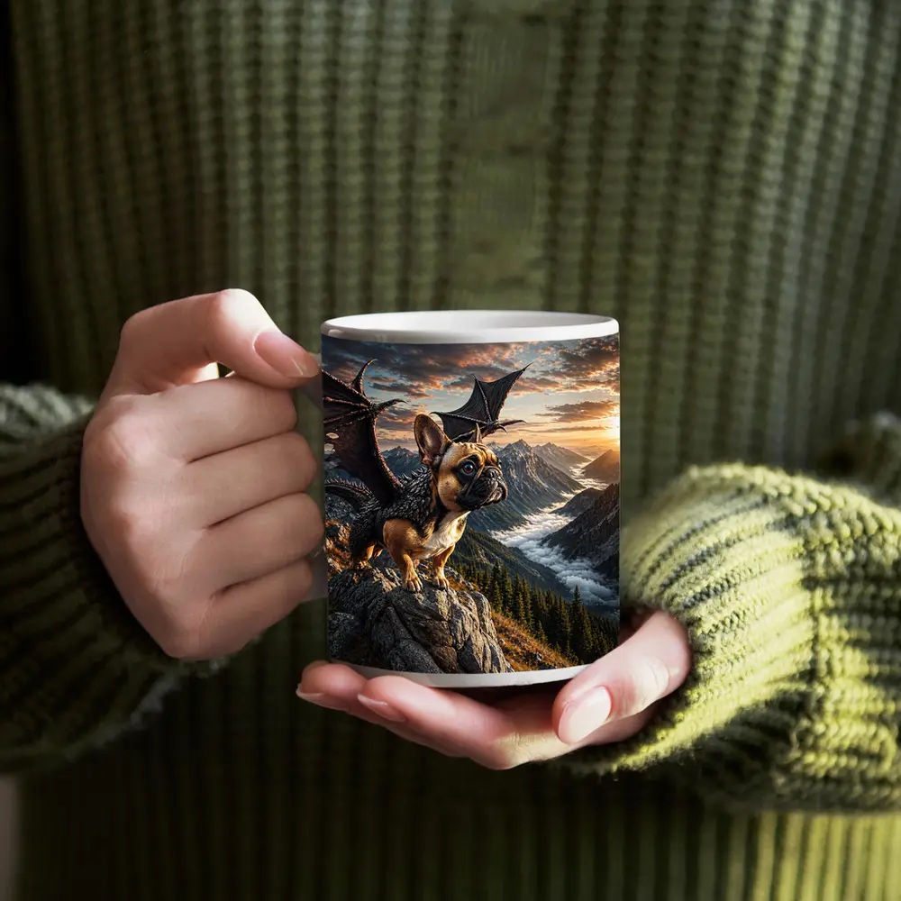 French Bulldog Dragon Wings Mountain Sunset Fantasy – Mugs