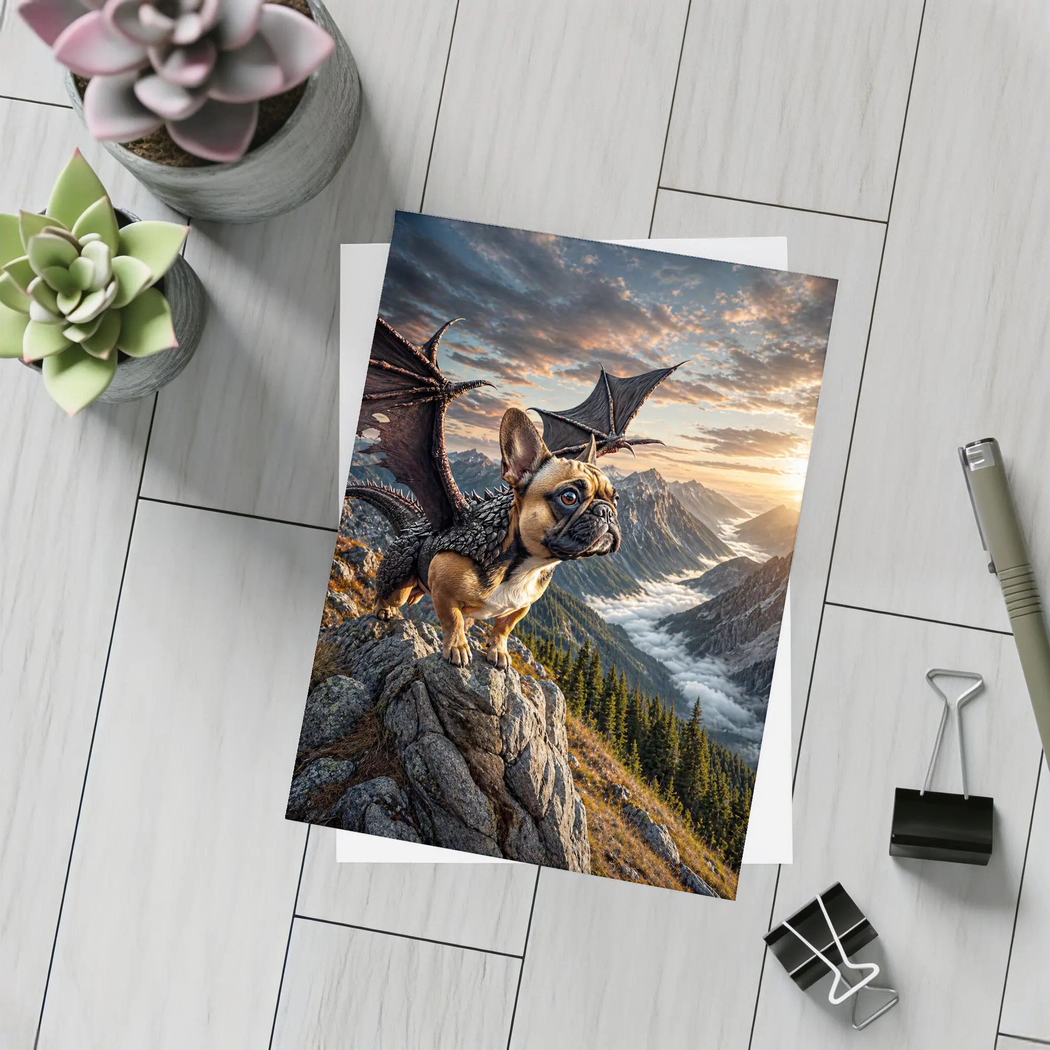 French Bulldog Dragon Wings Mountain Sunset Fantasy – Postcards