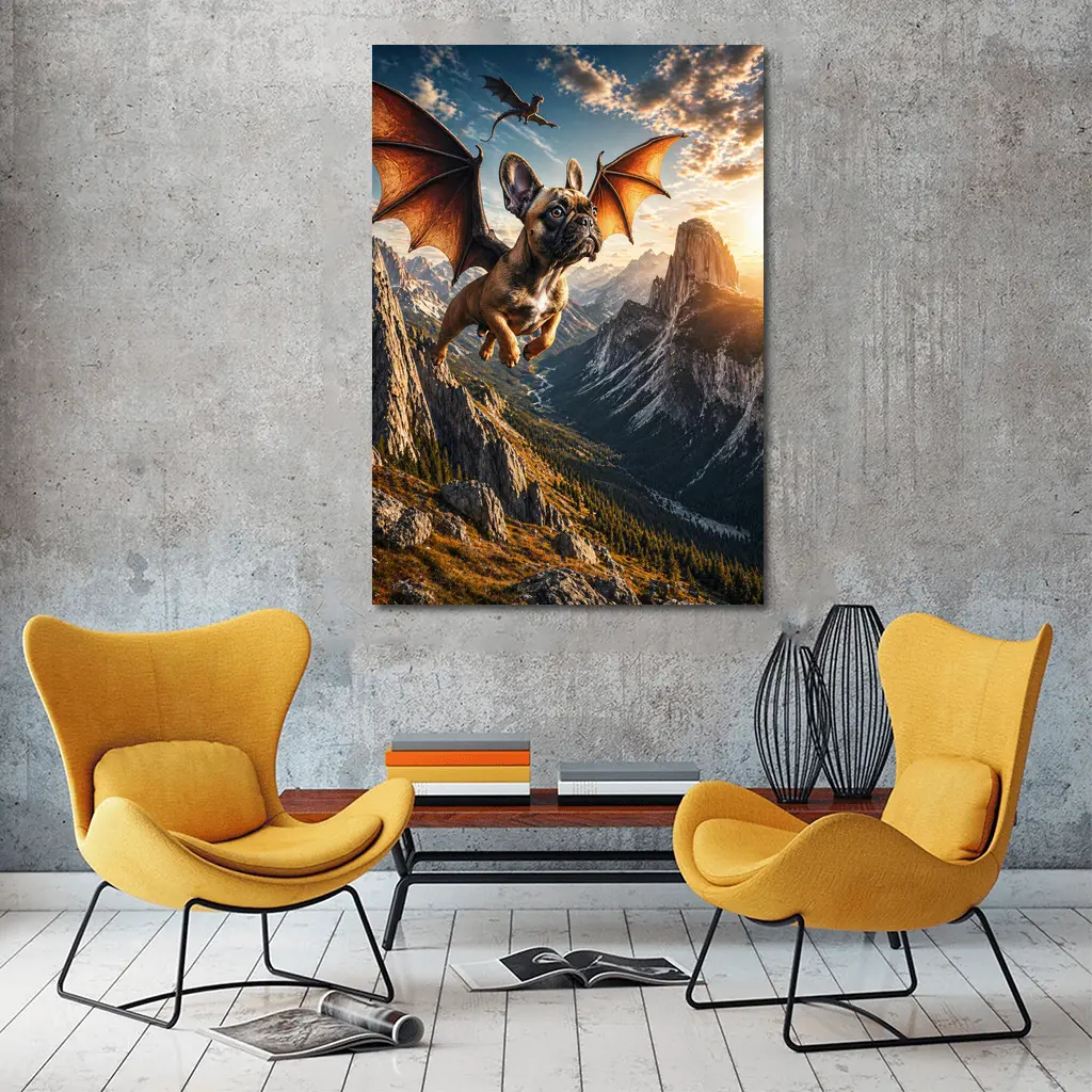 French Bulldog Dragon Wings Flying Mountain Sunset – Wall Art
