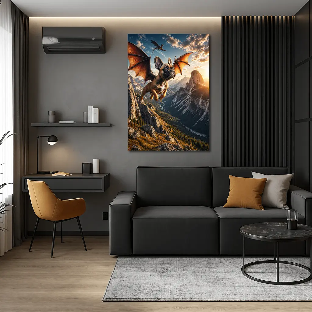 French Bulldog Dragon Wings Flying Mountain Sunset – Wall Art