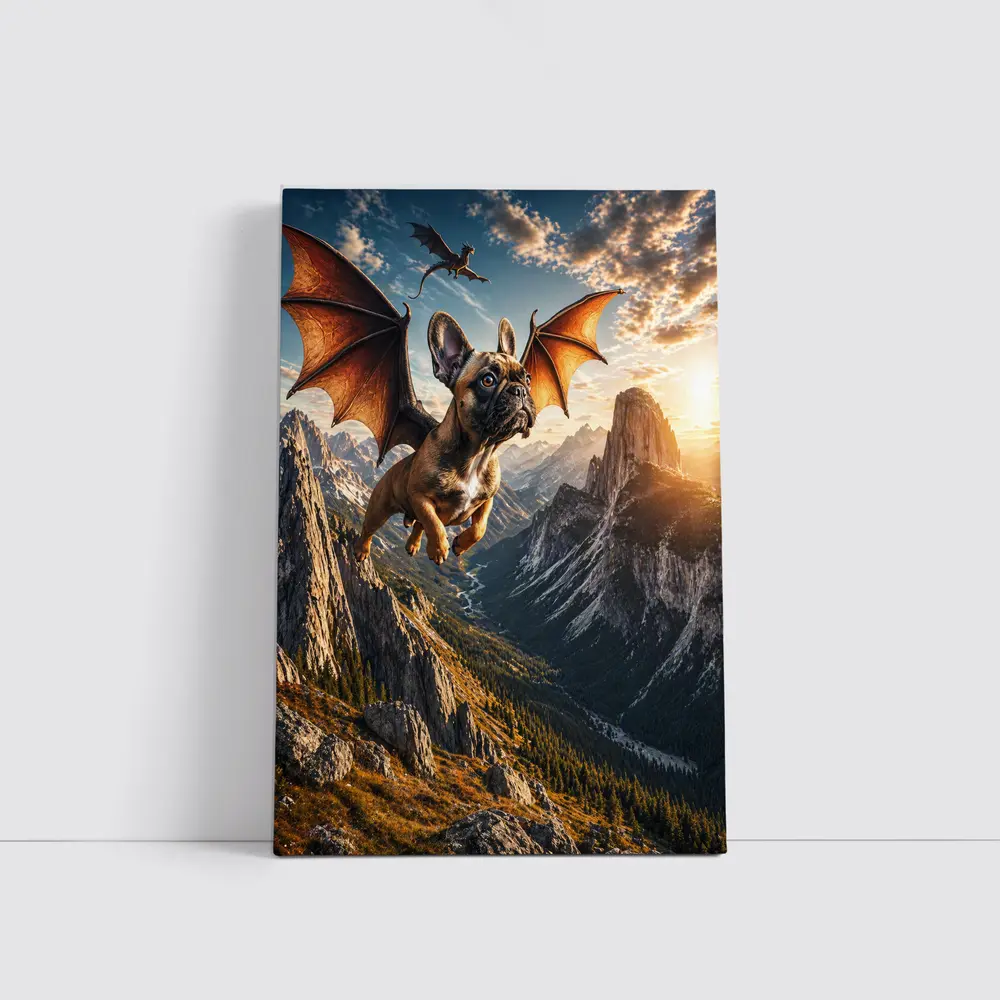 French Bulldog Dragon Wings Flying Mountain Sunset – Wall Art