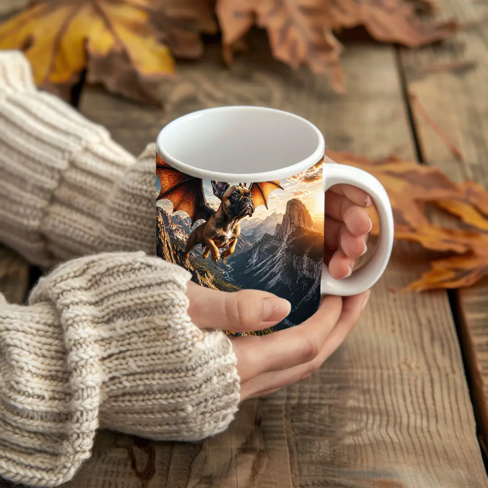 French Bulldog Dragon Wings Flying Mountain Sunset – Mugs