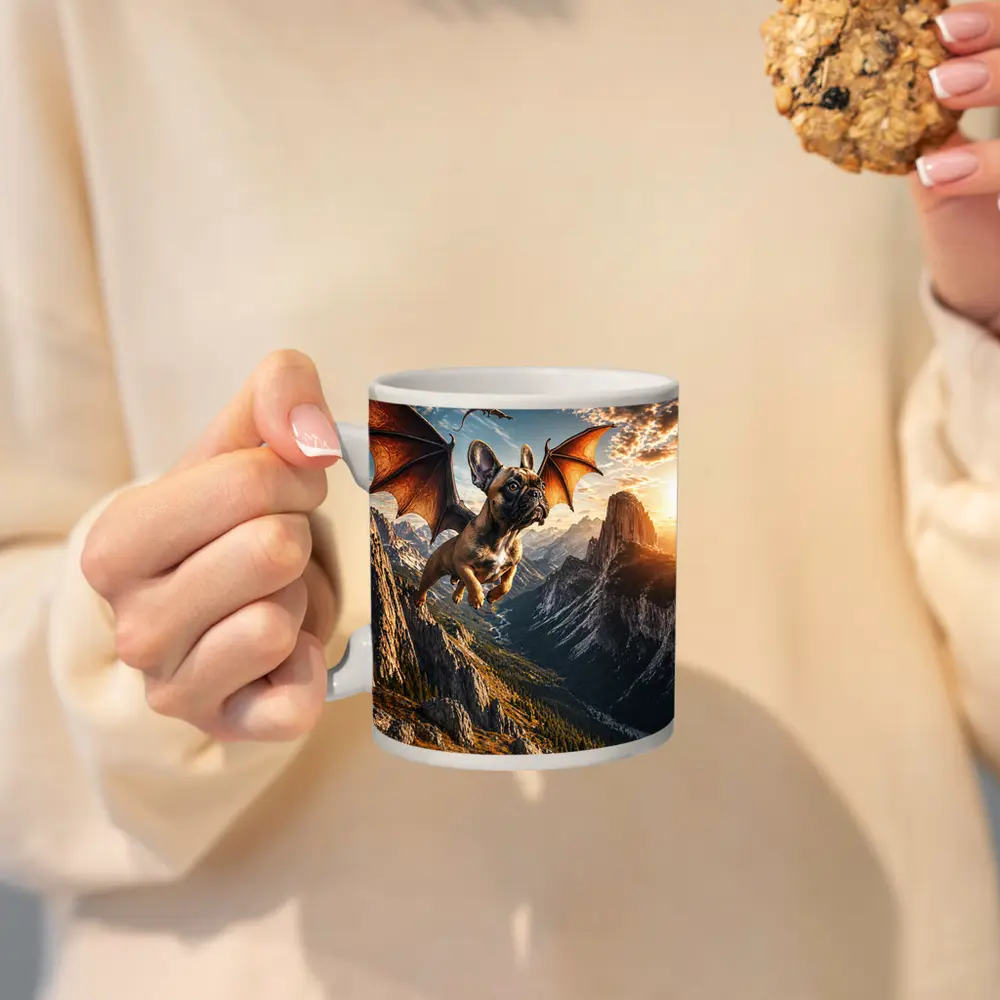 French Bulldog Dragon Wings Flying Mountain Sunset – Mugs