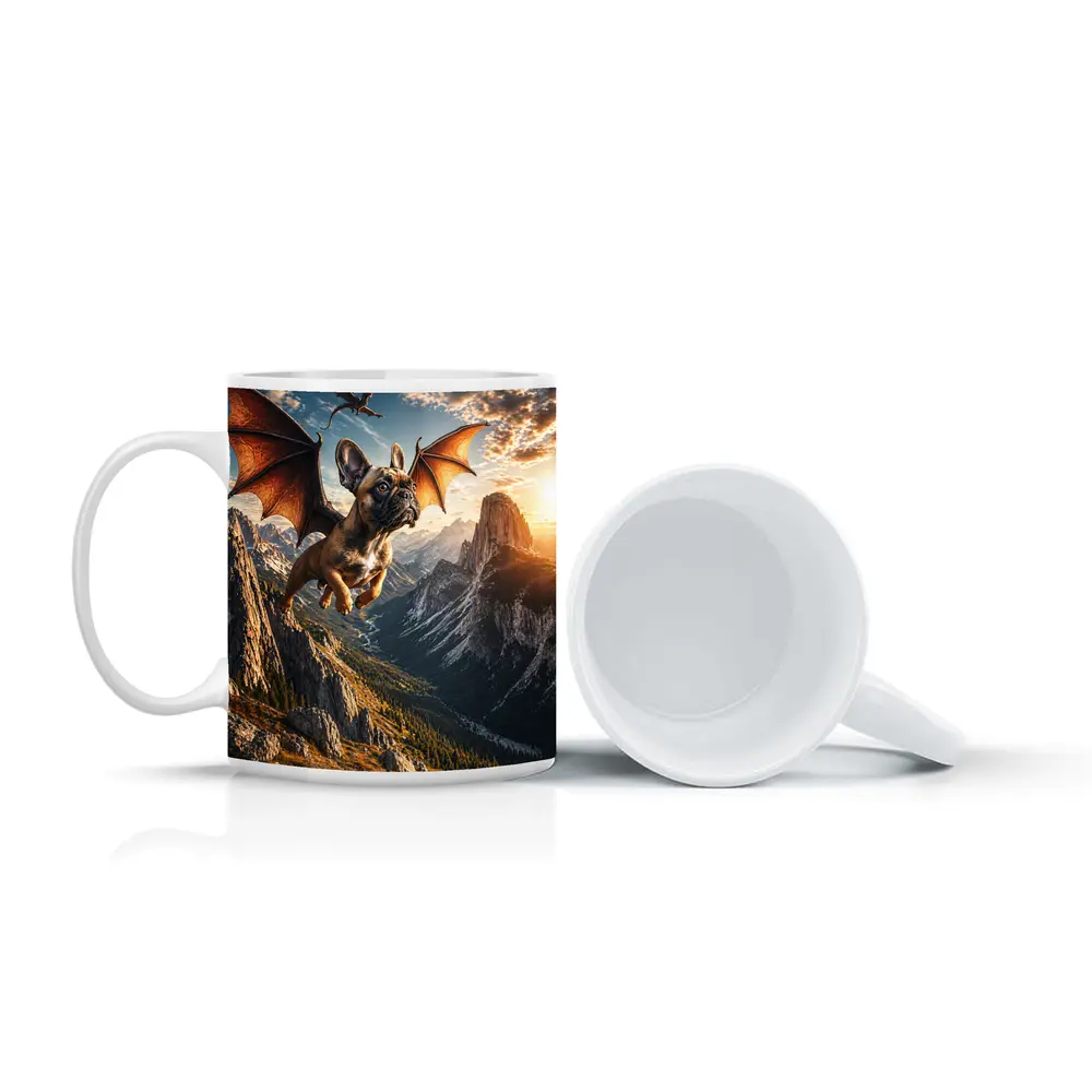 French Bulldog Dragon Wings Flying Mountain Sunset – Mugs