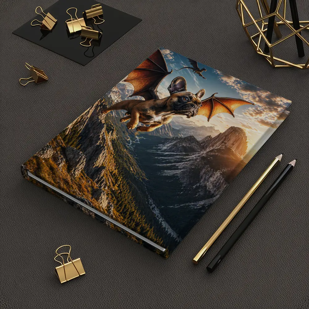 French Bulldog Dragon Wings Flying Mountain Sunset – Notebooks