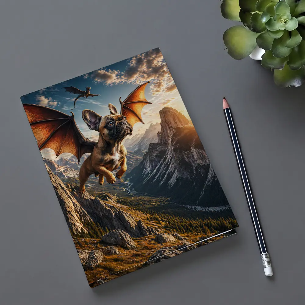 French Bulldog Dragon Wings Flying Mountain Sunset – Notebooks