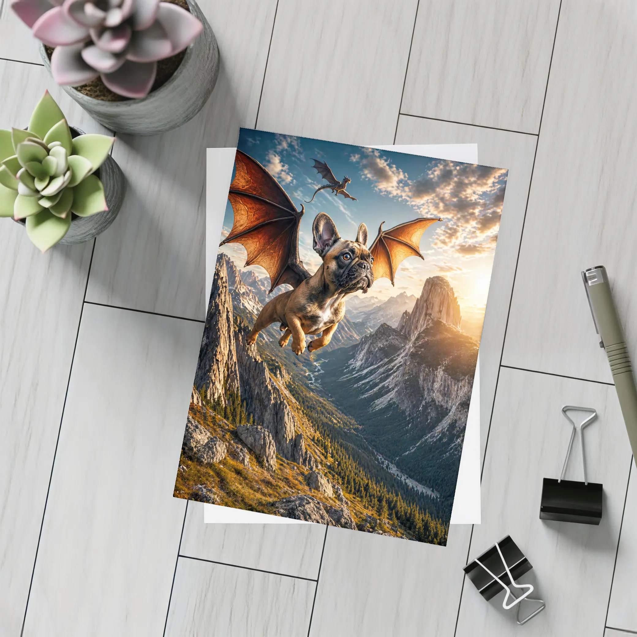 French Bulldog Dragon Wings Flying Mountain Sunset – Postcards