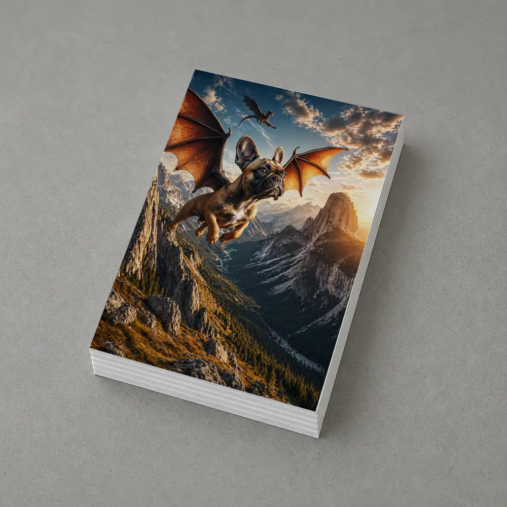 French Bulldog Dragon Wings Flying Mountain Sunset – Postcards