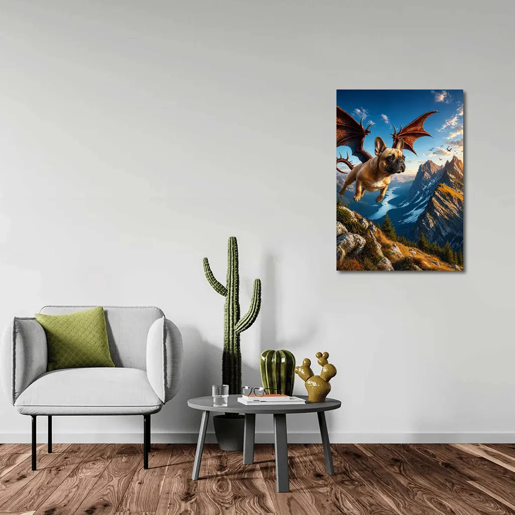 French Bulldog Dragon Flying Over Mountain Peaks – Wall Art