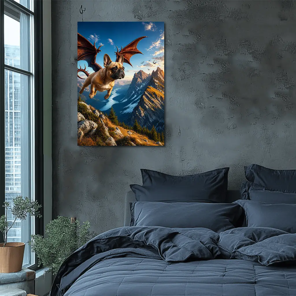 French Bulldog Dragon Flying Over Mountain Peaks – Wall Art