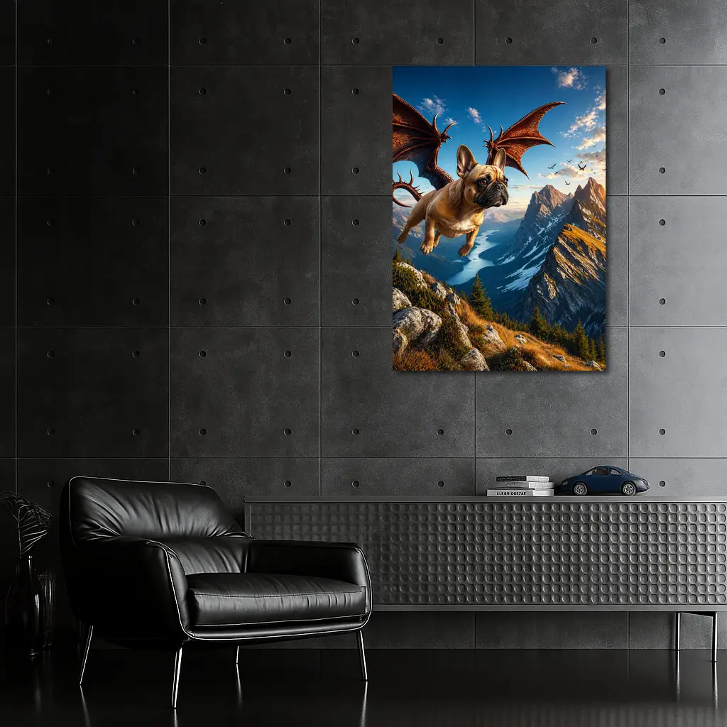 French Bulldog Dragon Flying Over Mountain Peaks – Wall Art