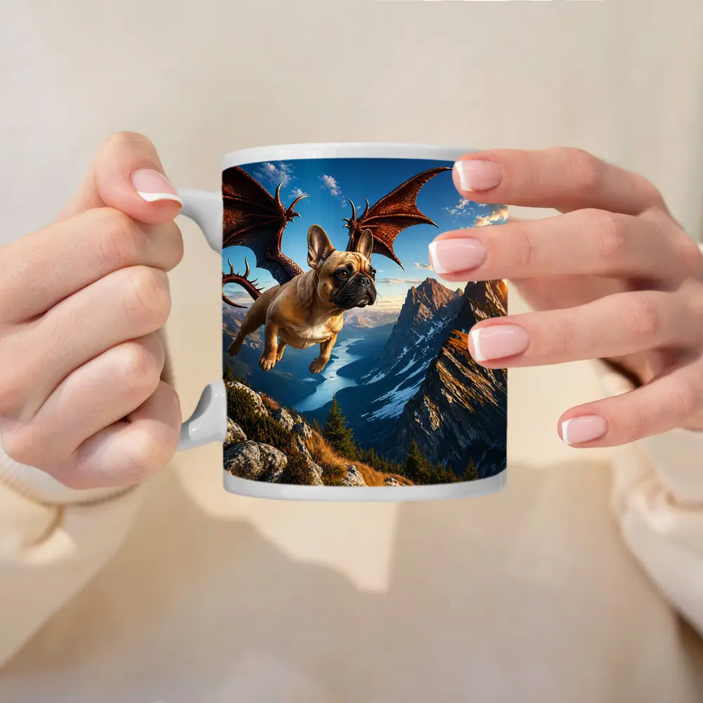 French Bulldog Dragon Flying Over Mountain Peaks – Mugs