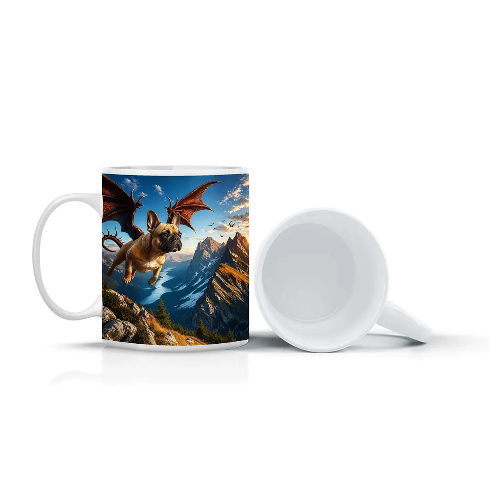 French Bulldog Dragon Flying Over Mountain Peaks – Mugs