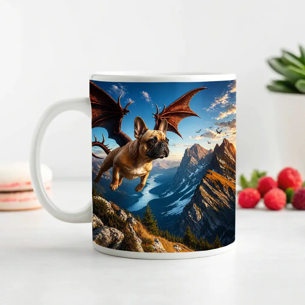French Bulldog Dragon Flying Over Mountain Peaks – Mugs