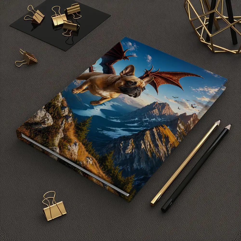 French Bulldog Dragon Flying Over Mountain Peaks – Notebooks