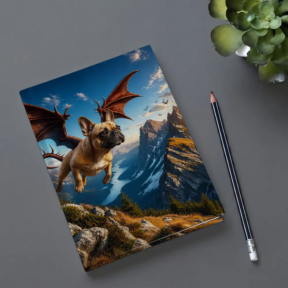 French Bulldog Dragon Flying Over Mountain Peaks – Notebooks