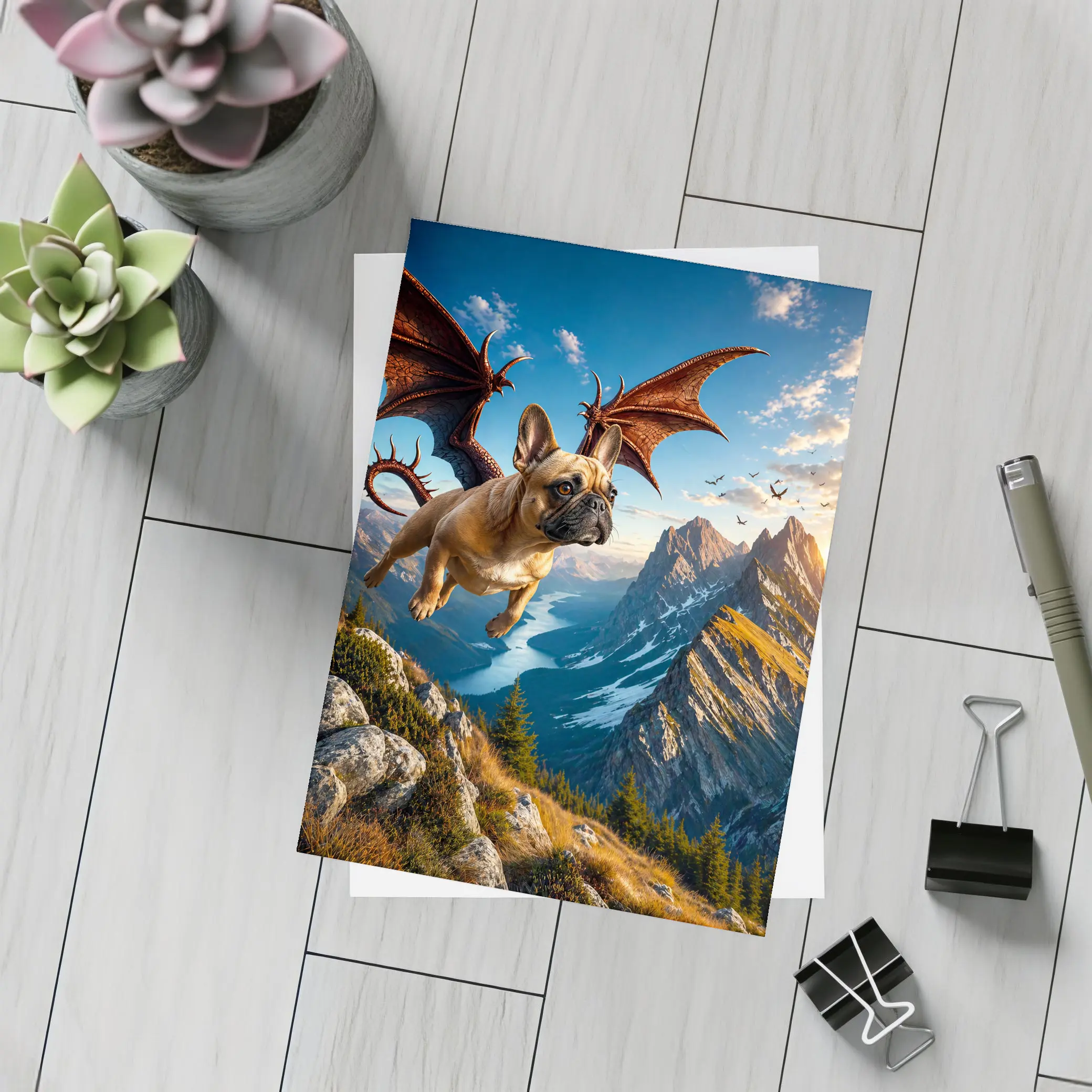 French Bulldog Dragon Flying Over Mountain Peaks – Postcards
